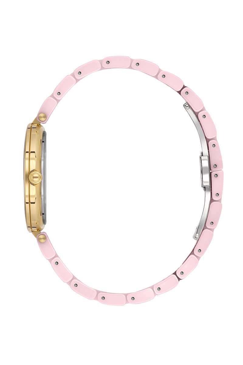BEVERLY HILLS POLO CLUB Women's Ceramic Quartz Watch – BP3586X.180 side view with pink band and gold accents.