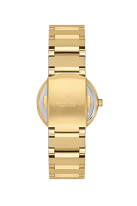 BEVERLY HILLS POLO CLUB Women’s Gold Diamond Watch – BP3568X.120 back view showing gold bracelet and logo.