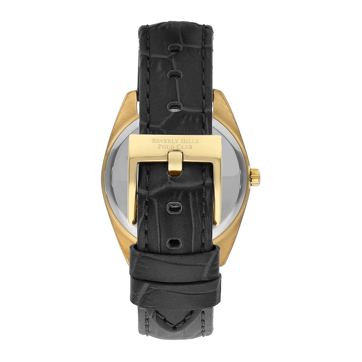 BEVERLY HILLS POLO CLUB Women’s Leather Diamond Watch – BP3339X.130 back view showing black leather strap and gold accents.