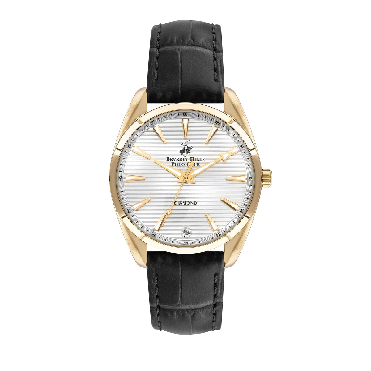 BEVERLY HILLS POLO CLUB Women’s Leather Diamond Watch – BP3339X.130 with black leather strap and silver dial.