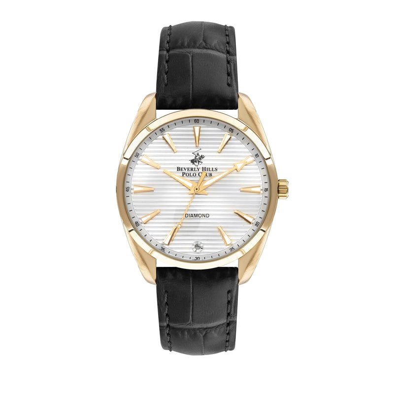 BEVERLY HILLS POLO CLUB Women’s Leather Diamond Watch – BP3339X.130 with black leather strap and silver dial.