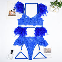 two pieces of blue lingerie with feathers on it