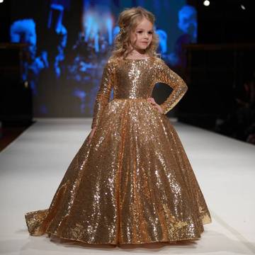 Girls' Little Princess Dress With Gold Sequins And Fluffy Yarn Luxurious Weddings