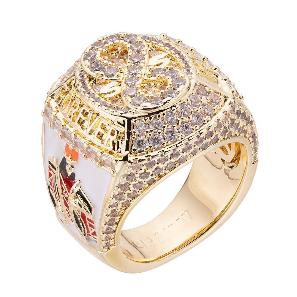 Big Daddy "Rich Forever" Baguette Diamond Ring featuring luxurious 18K Gold plating and intricate detailing.