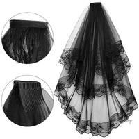 Black Bridal Wedding Veil - Floral Edge, Cathedral Length with Comb - Luxurious Weddings