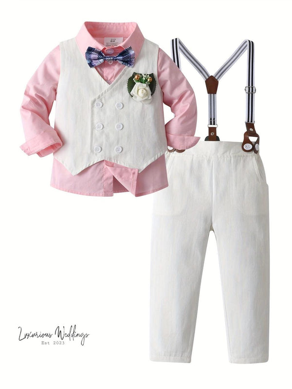 Boys Formal Outfit Set - Long Sleeve, Leaves Print, Bowtie,Vest Luxurious Weddings