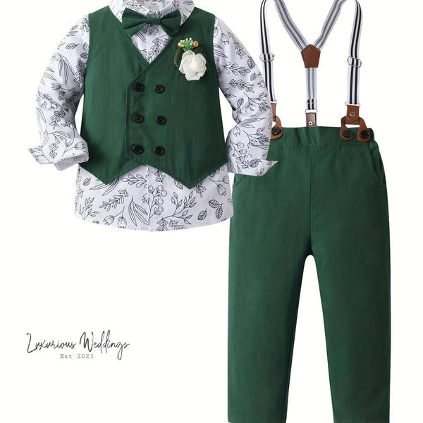 Boys Formal Outfit Set - Long Sleeve, Leaves Print, Bowtie,Vest Luxurious Weddings