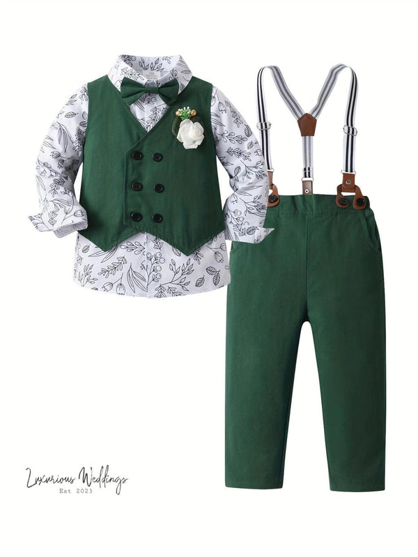 Boys Formal Outfit Set - Long Sleeve, Leaves Print, Bowtie,Vest Luxurious Weddings