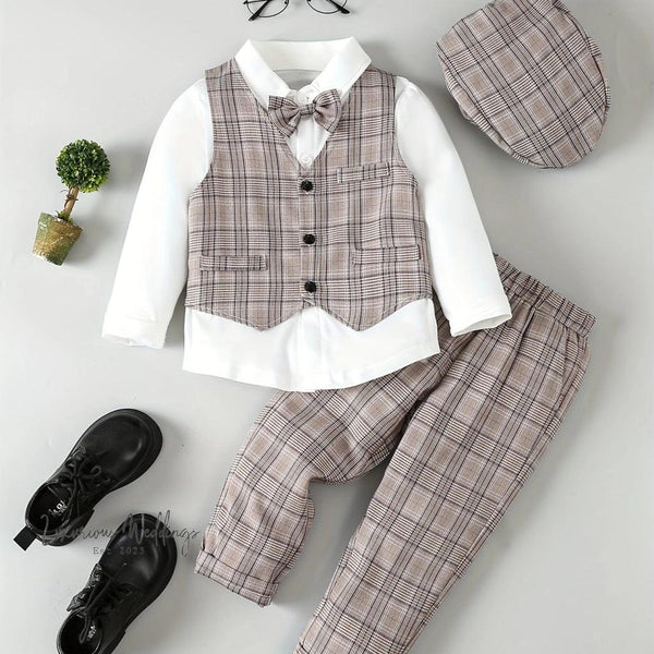 ringbearer Formal Outfit Set: Long Sleeve Shirt, Bowtie, Plaid Pants & Vest Luxurious Weddings