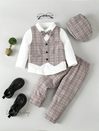 Boys Formal Outfit Set: Long Sleeve Shirt, Bowtie, Plaid Pants & Vest - Luxurious Weddings