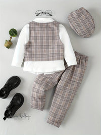 Boys Formal Outfit Set: Long Sleeve Shirt, Bowtie, Plaid Pants & Vest - Luxurious Weddings