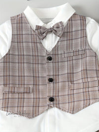 Boys Formal Outfit Set: Long Sleeve Shirt, Bowtie, Plaid Pants & Vest - Luxurious Weddings