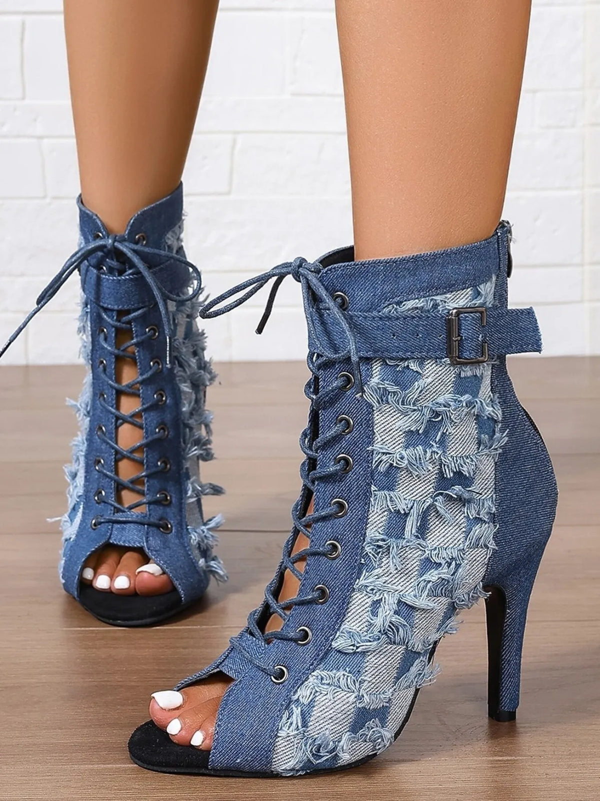 Distressed Denim Lace-Up Peep Toe Ankle Boots Heels Luxurious Weddings