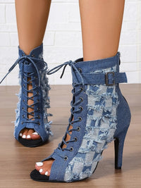 Distressed Denim Lace-Up Peep Toe Ankle Boots Heels Luxurious Weddings