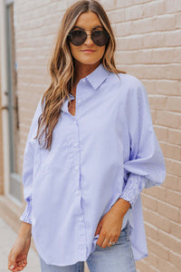 Sky Blue Smocked Cuffed Striped Boyfriend Shirt with Pocket Tops/Blouses & Shirts Luxurious Weddings