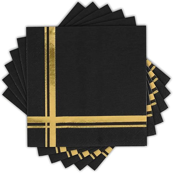 a set of six black and gold napkins
