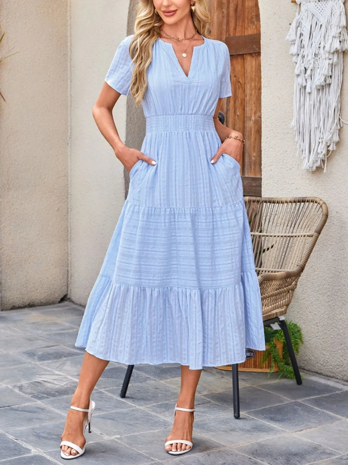 Tiered Notched Short Sleeve Dress summer dress Luxurious Weddings