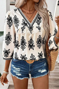 Beige Vintage Geometric Printed 3/4 Sleeve V Neck Blouse Tops/Blouses & Shirts Luxurious Weddings