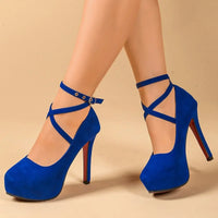 Blue ankle strap high heel pumps, ideal for luxurious weddings and formal wear.
