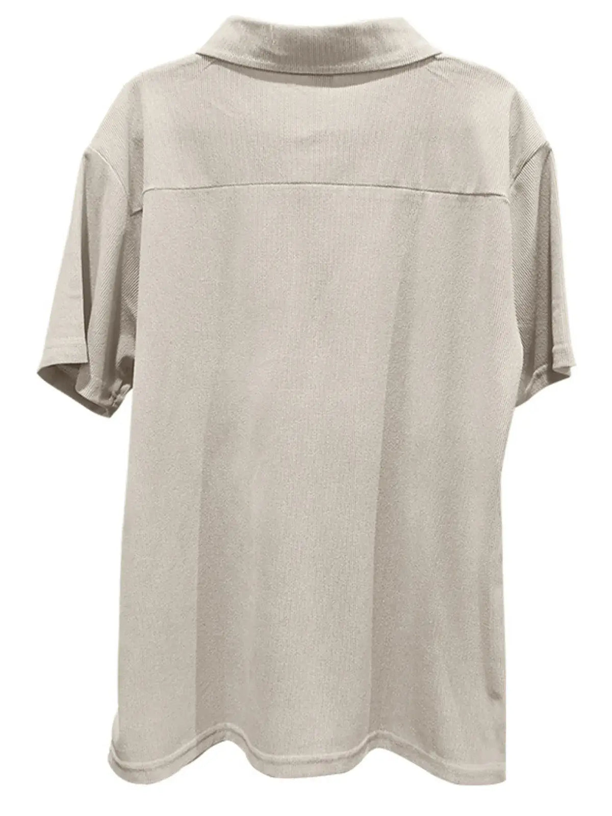 Back view of men's beige quarter zip short sleeve polo shirt, designed for formal wear and plus sizes.