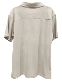 Back view of men's beige quarter zip short sleeve polo shirt, designed for formal wear and plus sizes.