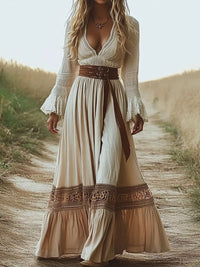 Full Size Deep-V Neck Long Sleeve Maxi Dress Plus Size with lace detail, perfect for warm weather fashion.