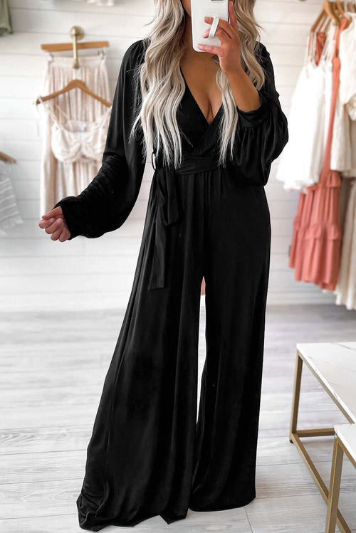 Black Cutout Back Belted V Neck Wide Leg Jumpsuit Bottoms/Jumpsuits & Rompers Luxurious Weddings