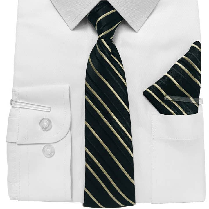 White Boys Dress Shirt, Tan Patterned Tie