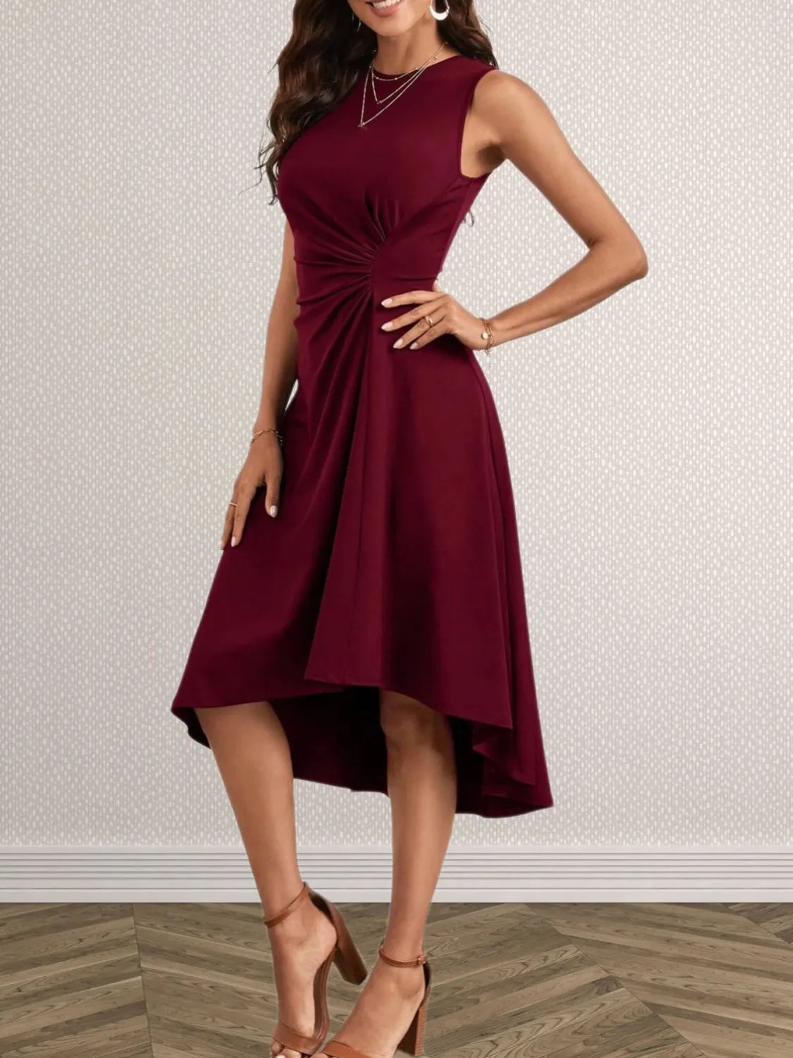 Ruched Round Neck Sleeveless Dress Midi dresses Luxurious Weddings