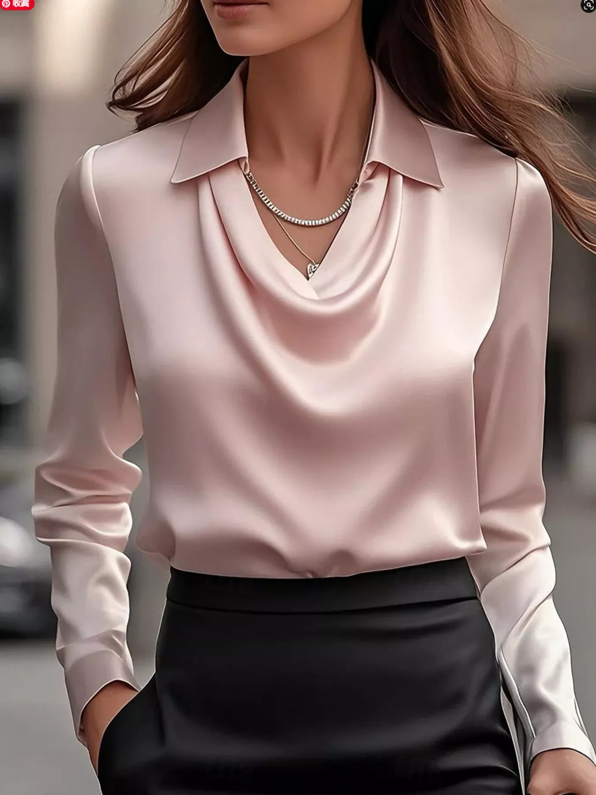 Ruched Long Sleeve Drape Collar Blouse in soft pink with a stylish collar and draped neckline.