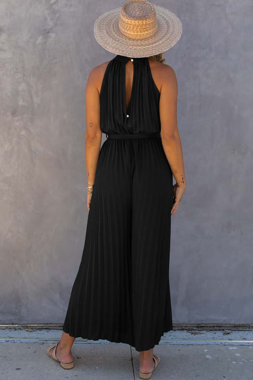 Black Halter Neck Pleated Wide Leg Jumpsuit with Belt Bottoms/Jumpsuits & Rompers Luxurious Weddings