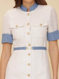 Contrast button front mini dress with gold accents and blue sleeves, featuring a belted waist and detailed pockets.