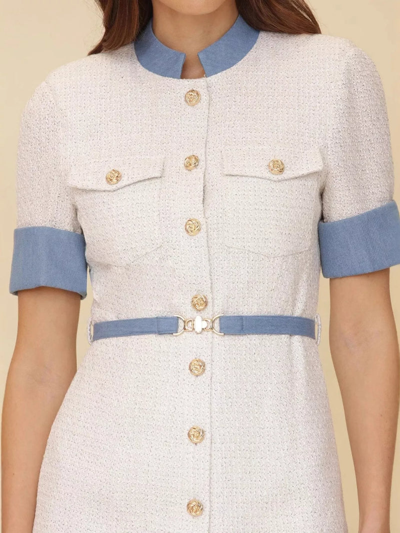 Contrast button front mini dress with gold accents and blue sleeves, featuring a belted waist and detailed pockets.