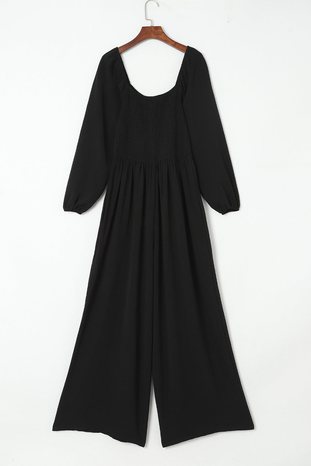 Black Smocked Square Neck Long Sleeve Wide Leg Jumpsuit Luxurious Weddings