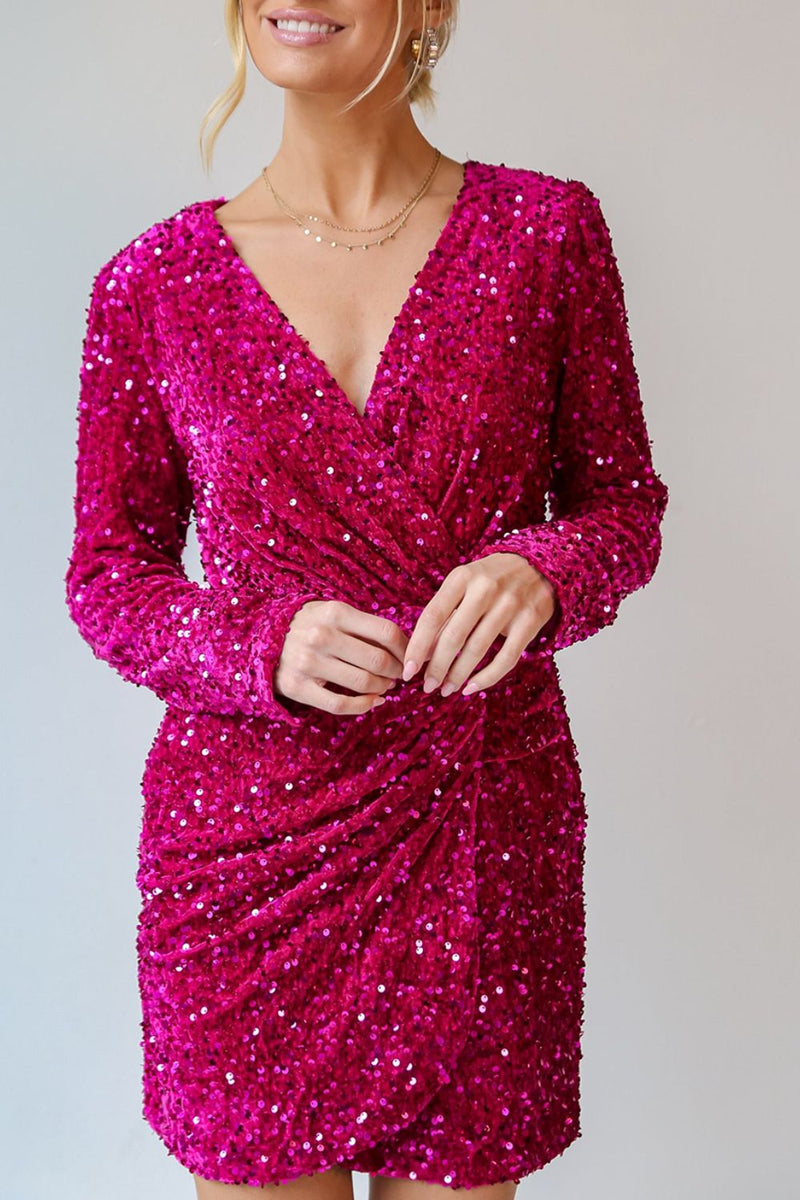 Sequin Surplice Long Sleeve Mini Dress Mini Dress Luxurious Weddings