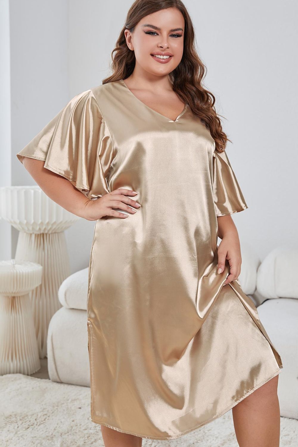Plus Size Flutter Sleeve V-Neck Side Slit Night Gown Plus size sleep wear Luxurious Weddings