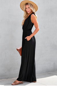 Black Deep V Pleated Crisscross Wide Leg Backless Jumpsuit Luxurious Weddings