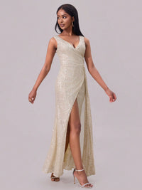 Slit Sequin Surplice Sleeveless Maxi Dress Ball gown Luxurious Weddings