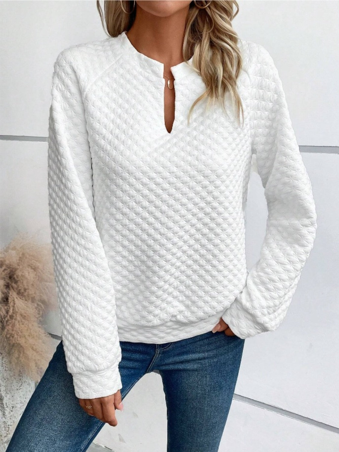 Notched Long Sleeve Sweatshirt sweatshirt Luxurious Weddings