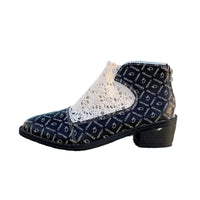 Stylish printed point toe block heel boots with lace detail and low heel, perfect for casual wear.