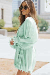 Green Pleated Ruffled Tie Waist Buttons V Neck Romper Bottoms/Jumpsuits & Rompers Luxurious Weddings