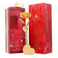 a red bag with a gold rose in it