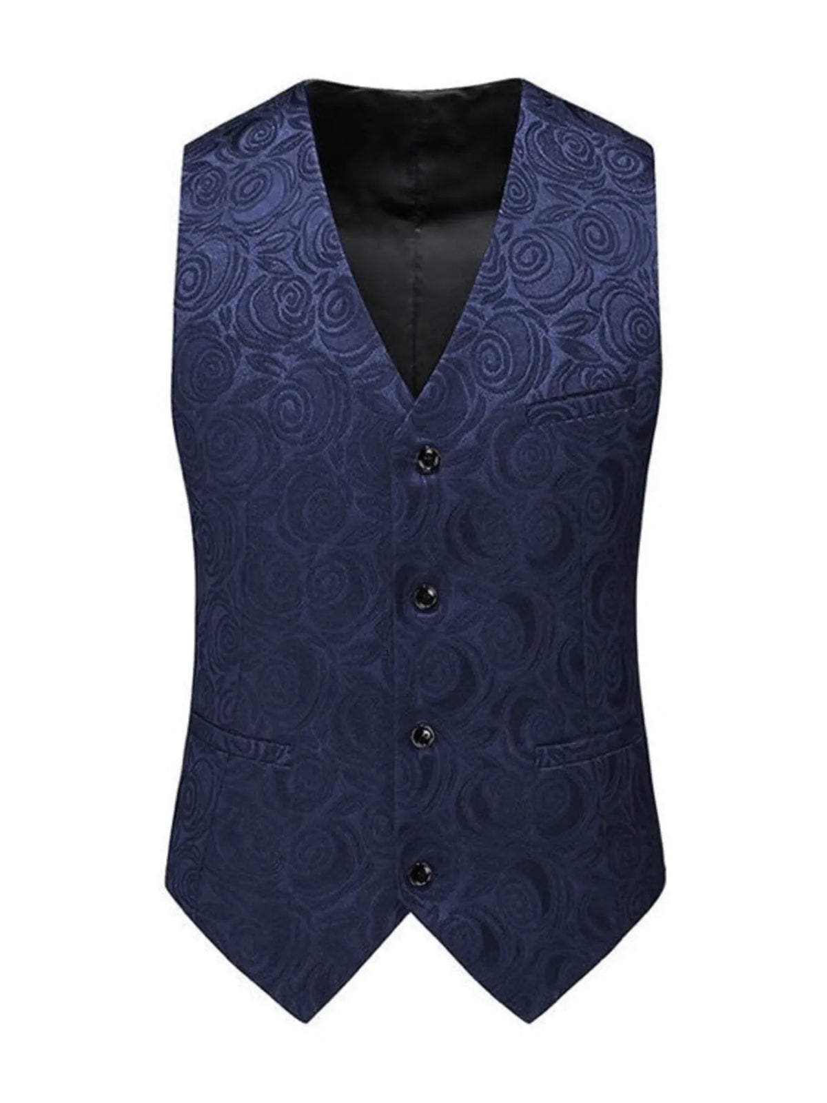 Men's plus size v-neck button up vest in navy with floral pattern, featuring five buttons and two side pockets.