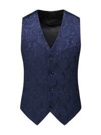 Men's plus size v-neck button up vest in navy with floral pattern, featuring five buttons and two side pockets.