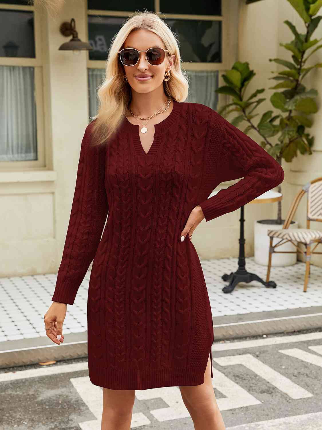 Notched Neck Cable-Knit Slit Sweater Dress sweater Luxurious Weddings