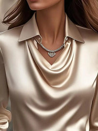 Ruched Long Sleeve Drape Collar Blouse in satin fabric with a stylish necklace, highlighting elegant drape and collar.