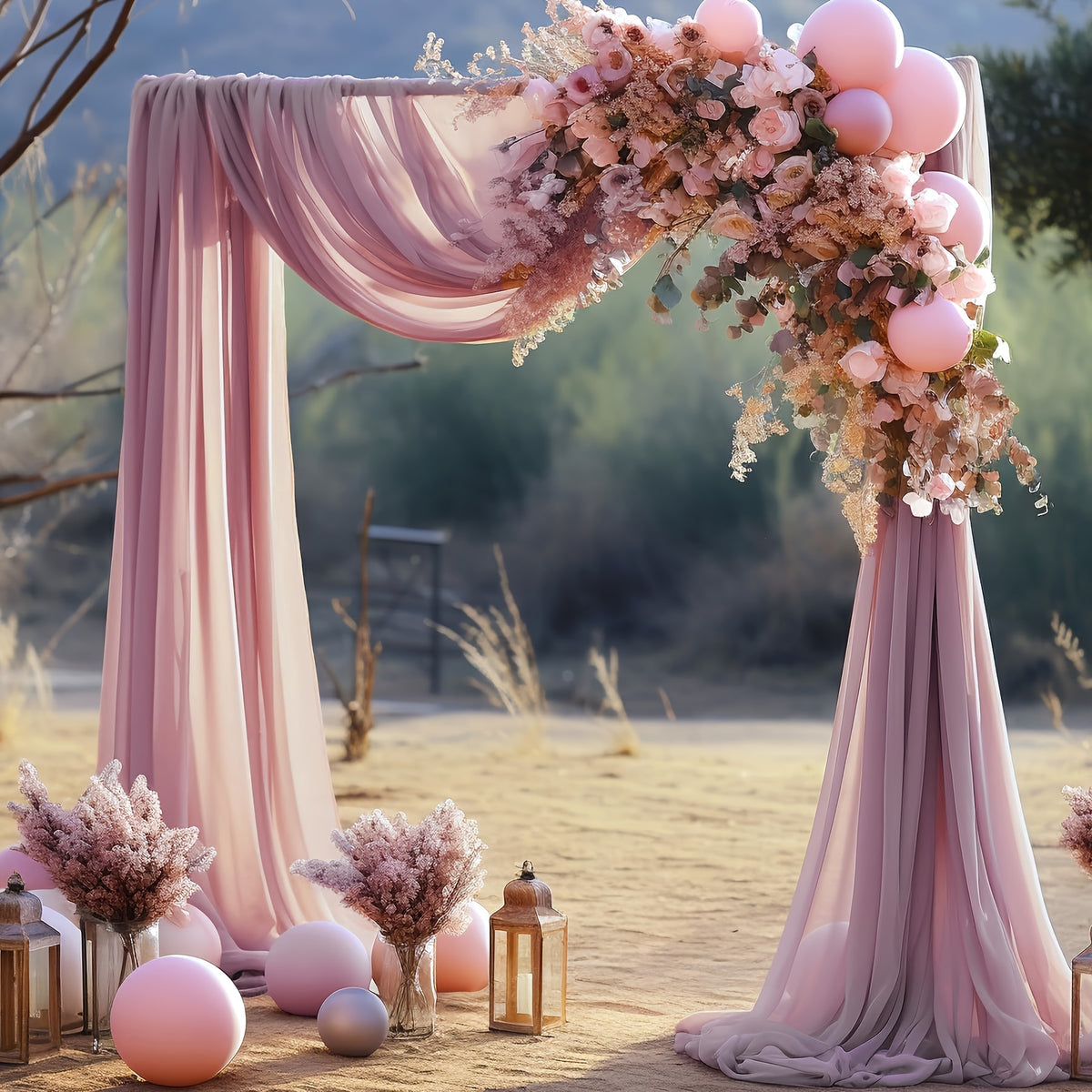 a wedding arch decorated with pink flowers and balloons