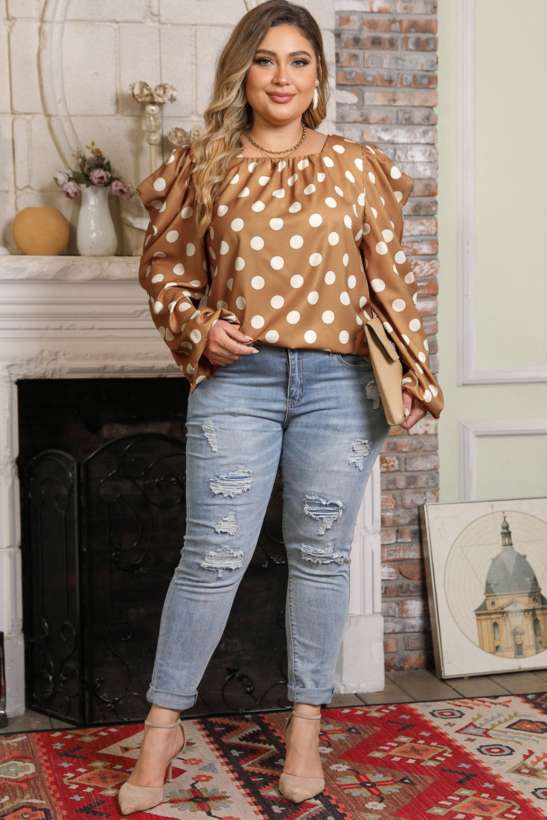 Plus Size Polka Dot Long Sleeve Blouse Plus size blouse Luxurious Weddings