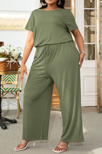 Plus Size Drawstring Waist Short Sleeve Jumpsuit Plus size Luxurious Weddings