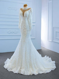 Elegant High Neck Long Sleeve Mermaid Wedding Dress Wedding Dress Luxurious Weddings